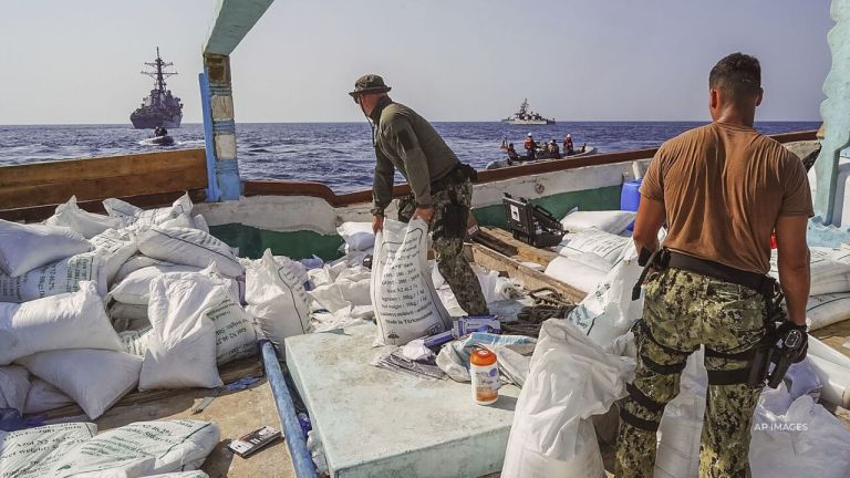 The U.S. Navy said sailors discovered 70 tons of rocket fuel, meant for Houthis, on a wooden fishing ship sailing from Iran to Yemen.