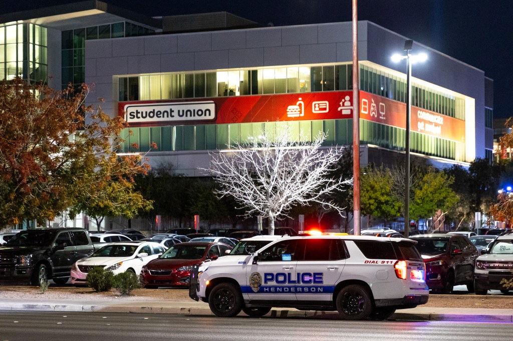 Law enforcement officers continue to keep streets around UNLV closed late into the night after three people were fatally shot and another person was critically injured in an active shooter incident on the UNLV campus in Las Vegas, NV on Wednesday, December 6, 2023. The shooting took place just a few miles from the Las Vegas Strip where students were told to “Run-Hide-Fight” in an emergency post by the university. (Travis P Ball/Sipa USA)No Use Germany.