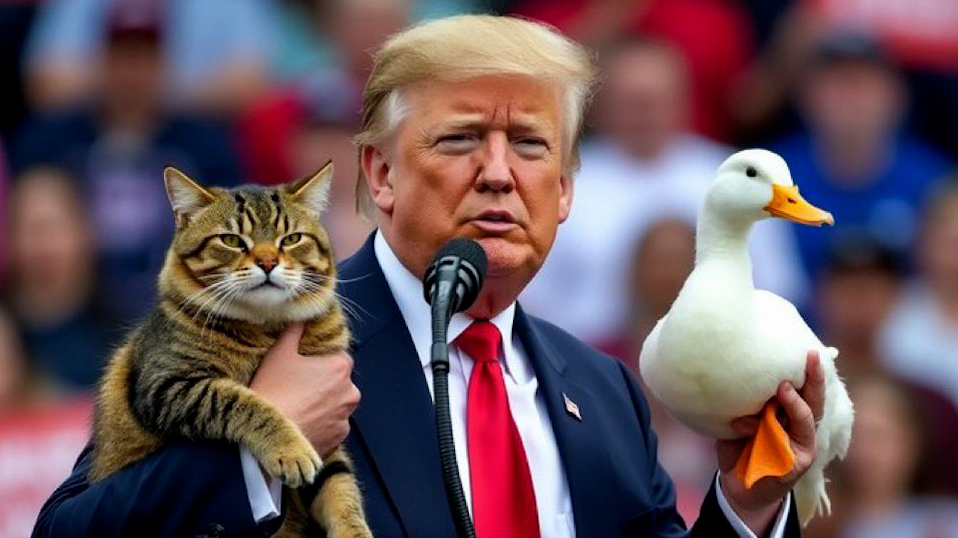 AI images of Trump holding cats and ducks are linked to unconfirmed allegations that Haitian migrants in Ohio are eating these animals.