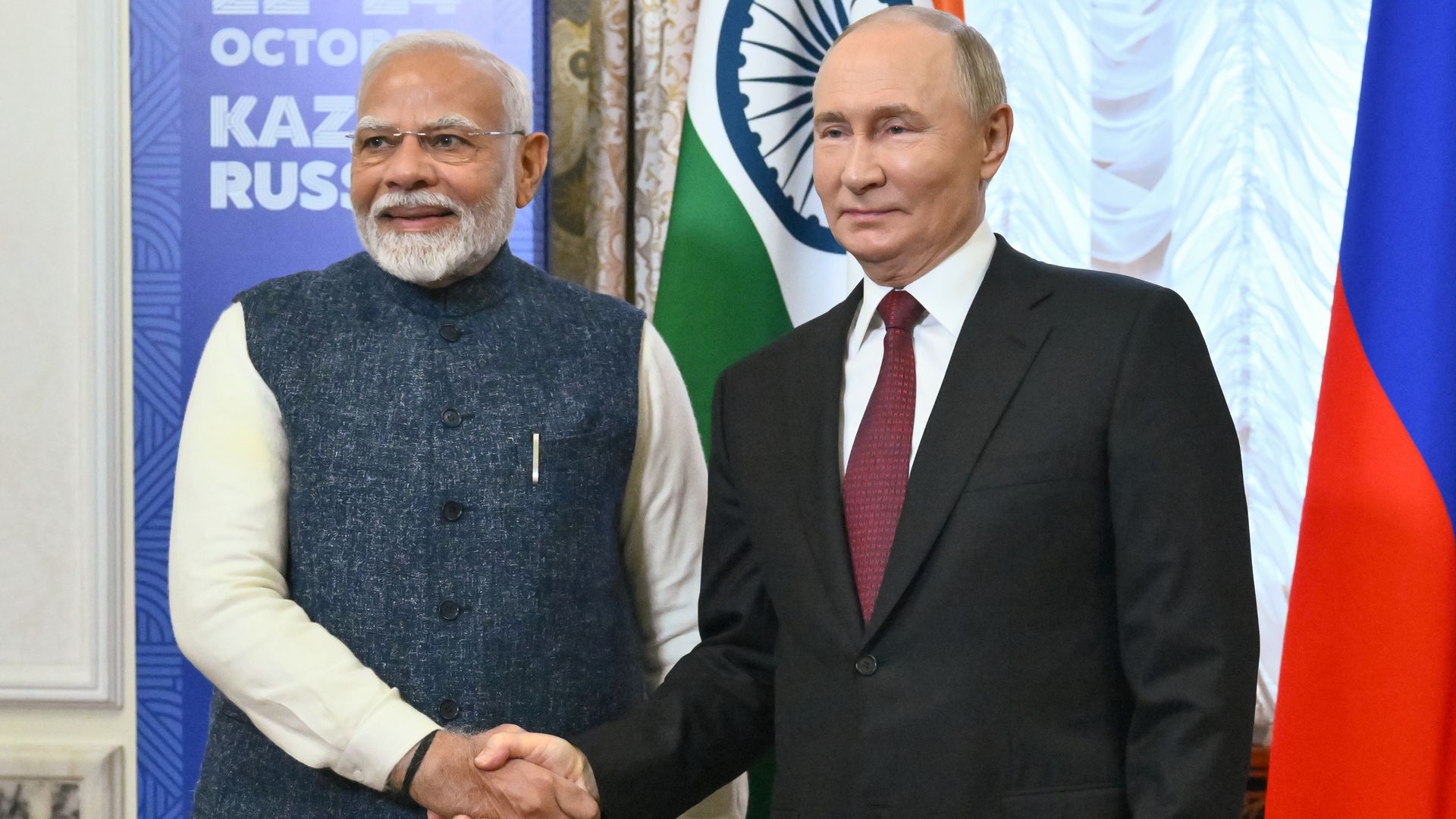 India's Prime Minister Modi told Russian President Vladimir Putin he wants a peaceful end to the war in Ukraine during the BRICS Summit on Tuesday, Oct. 22.