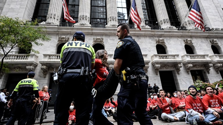 The New York Police Department arrested dozens of pro-Palestinian protesters outside the New York Stock exchange on Monday, Oct. 14.