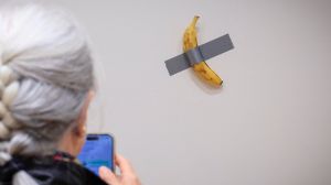 A duct-taped banana sold for $6.2 million in New York City. It is a work of art by Italian artist Maurizio Cattelan called “Comedian.”