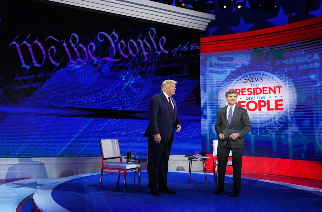 US President Donald Trump poses with ABC New anchor George Stephanopoulos ahead of a town hall event at the National Constitution Center in Philadelphia, Pennsylvania on September 15, 2020. (Photo by MANDEL NGAN / AFP) (Photo by MANDEL NGAN/AFP via Getty Images)