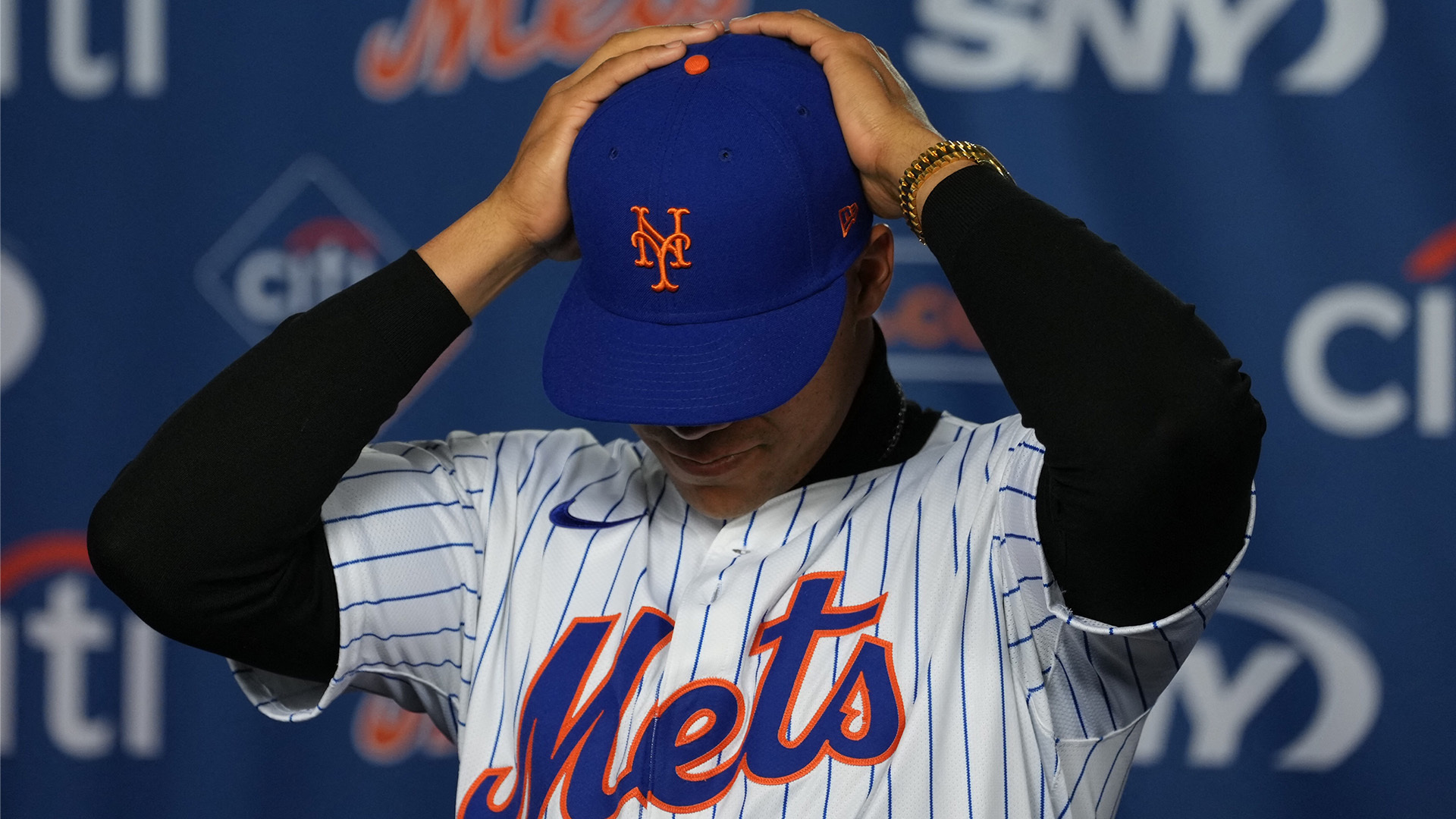 Superstar outfielder Juan Soto was introduced by the New York Mets during a press conference, after signing a 5 million free-agent deal. 